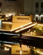 Oradea bei Nacht nächtliches Ufer spiegelt sich in einem Fluss